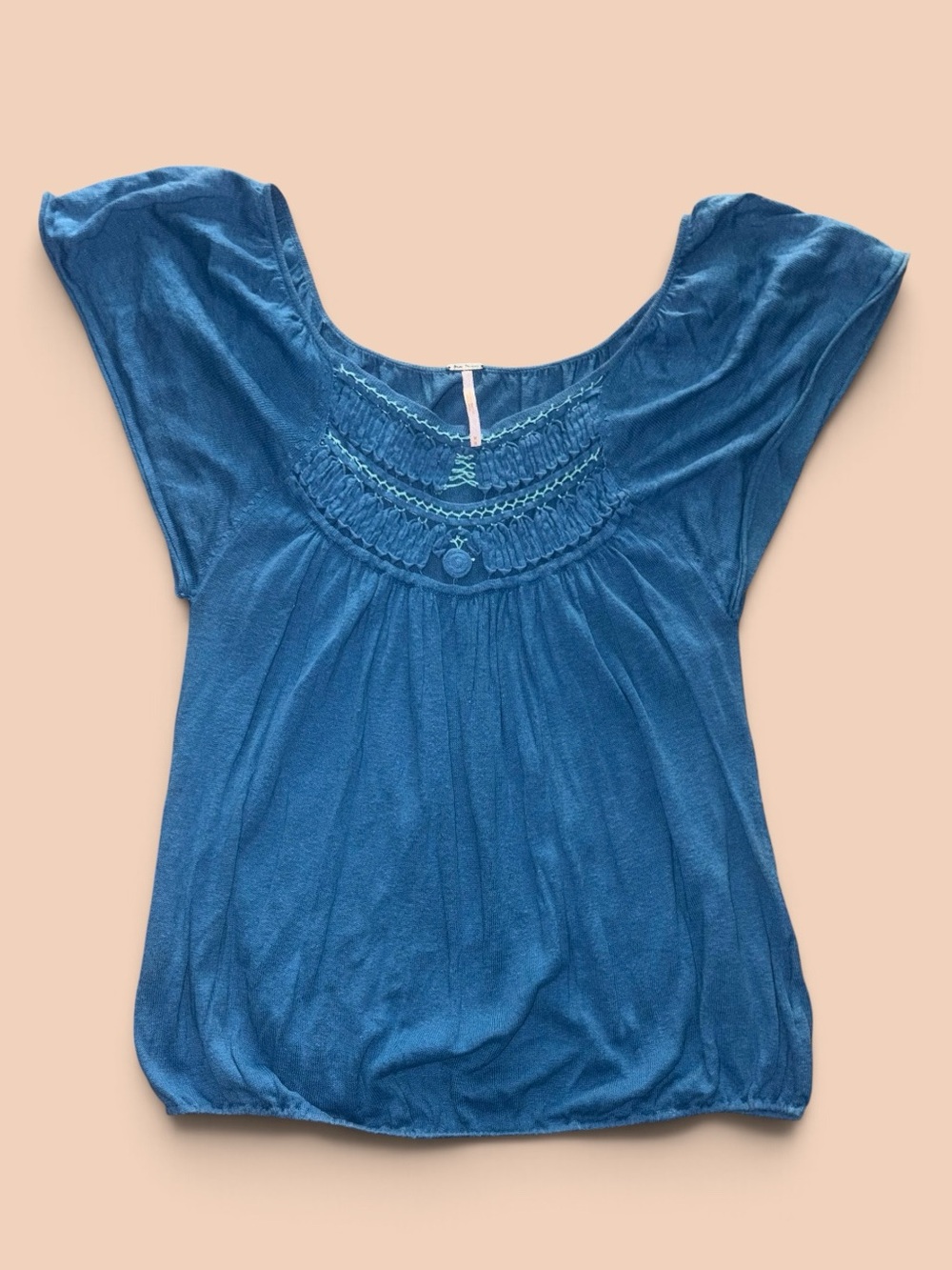 Free People Teal Blue Embroidered Scoop Neck Blouse
